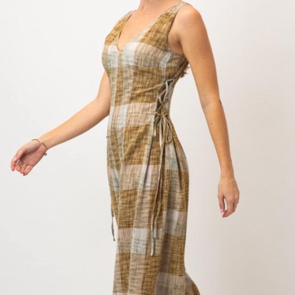 Plaid V-Neck Wide Leg Jumpsuit - Mustard Green - Picture 2 of 4
